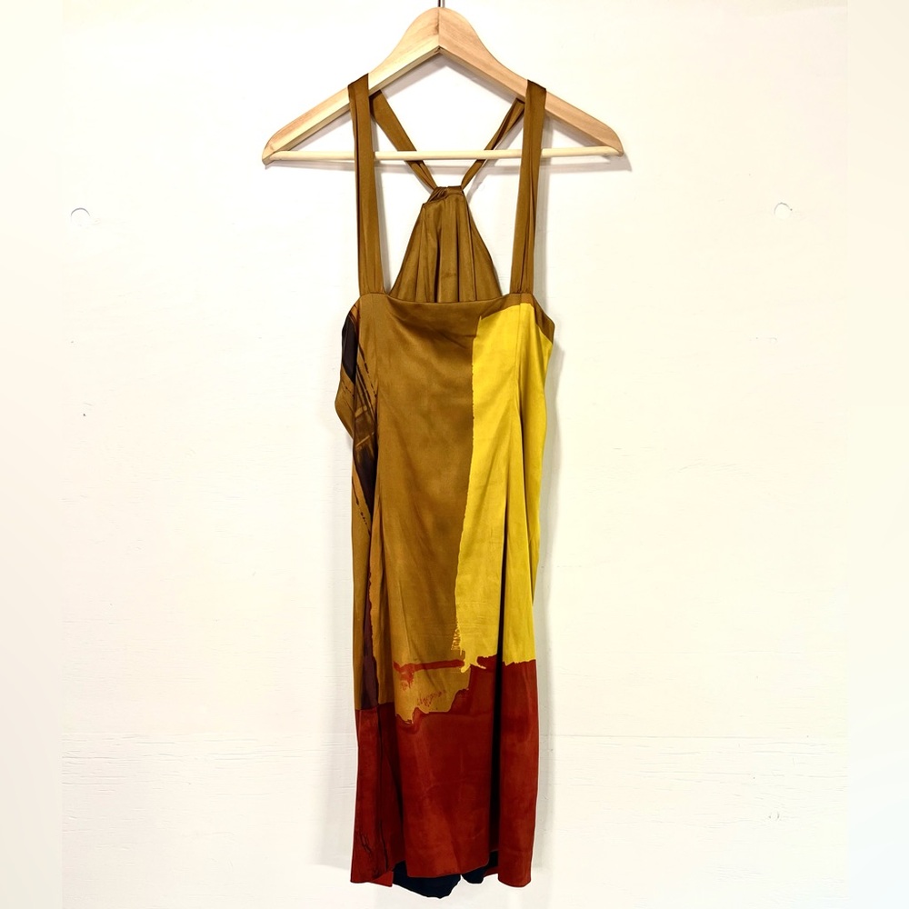 Vince Colorblock Gold, Scarlet Red and Copper Classy Cross Neck Silk Dress Small - Picture 3 of 7